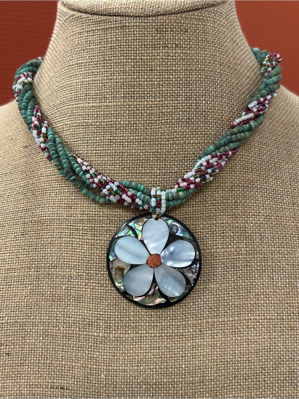 Beautiful seed bead mother of pearl plumeria statement collar length necklace